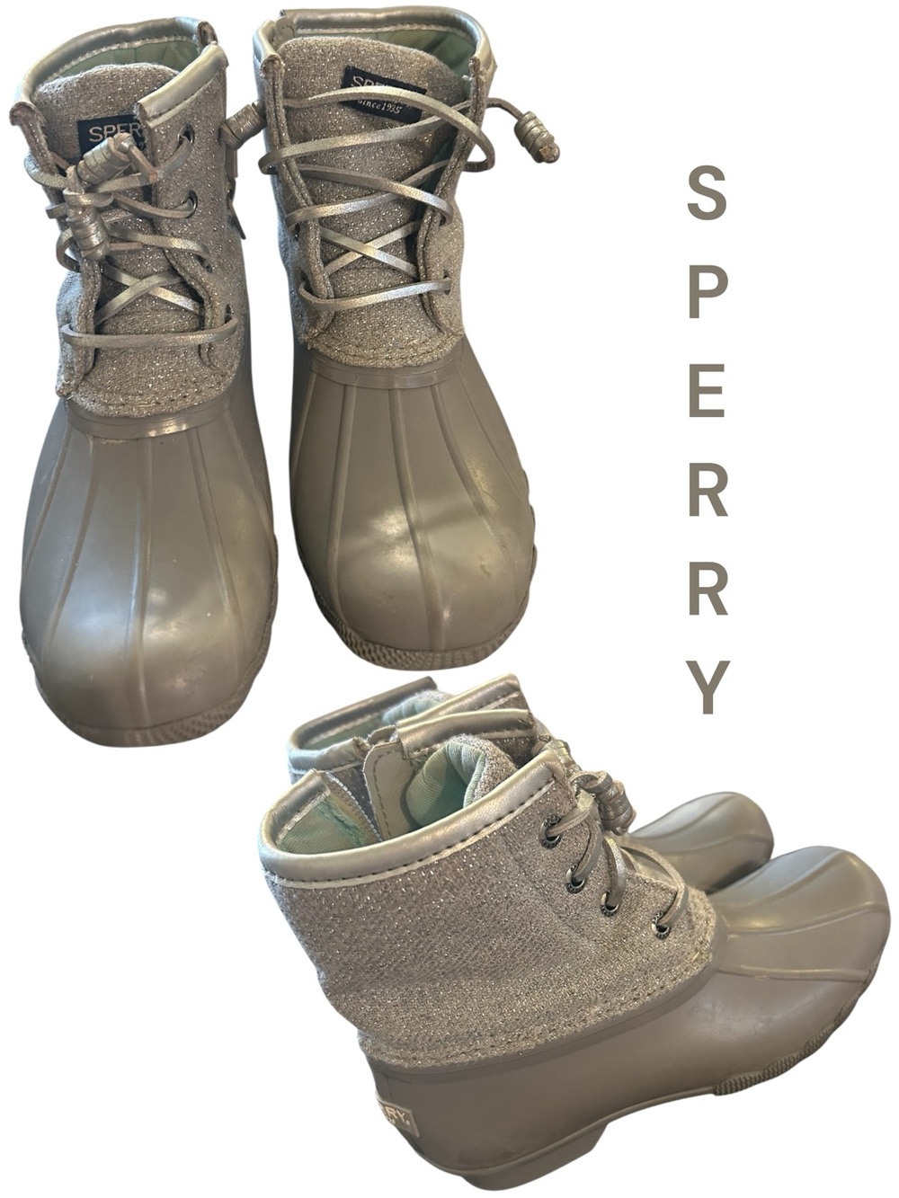 Sperry Kids Glitter Duck Boots in Taupe